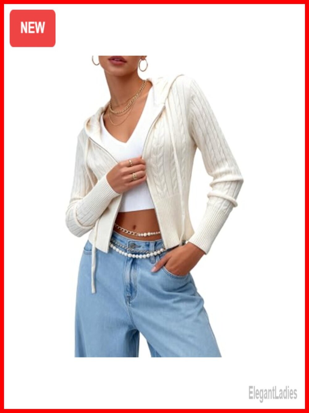 Women's Zip Up Cable Knit Hoodie Cropped Cardigan Sweater